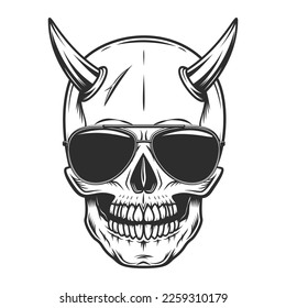Skull with horn concept and black eyes with sunglasses accessory to protect eyes from bright sun vintage isolated vector illustration