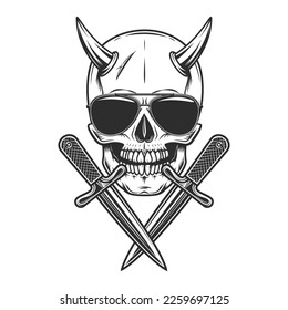 Skull with horn concept with sunglasses accessory to protect eyes from bright sun and crossed knife vintage isolated vector illustration
