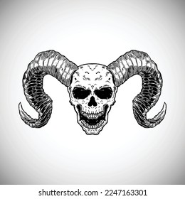 Skull Horn Demon Outline Drawing Illustration Artwork. Skull face demon or satan face with legendary horn from hell ready to ambush and attack everything. With dark and evil aura it will destroy you,