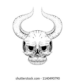 skull horn face illustration vector, mysticism, tattoo. Handmade, print on shirt, background white. isolated design. devil and warrior. symbol and sign. sticker template. tattoo idea.
