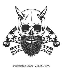 Skull with horn with mustache and beard with builder crossed hammers from new construction and remodeling house business in monochrome vintage style illustration