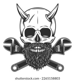 Skull with horn and mustache with beard and construction wrench for gas and builder plumbing pipe or body shop mechanic spanner repair tool in monochrome style isolated vintage vector illustration