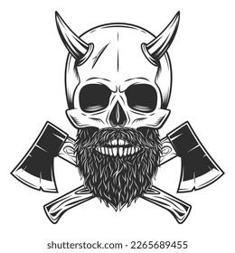 Skull with horn and mustache and beard and crossed wooden axe construction builder tool. Element for business woodworking or lumberjack emblem or icon monochrome illustration
