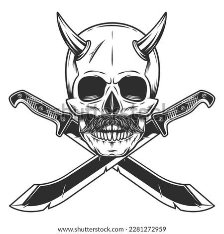 Skull with horn and mustache with machete sharp knife melee weapon of hunter in jungle. Black and white vector isolated on white background