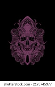 Skull with horn and ornament artwork illustration