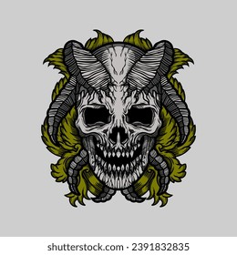 Skull with horn ornamental tattoo and tshirt design vector illustration