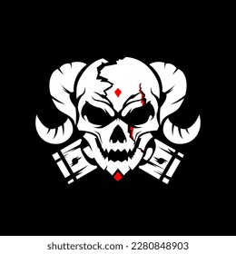 skull with horn rider logo. Skull biker badge logo illustration. Skull with horn and Pistons logo concept. Skull and Pistons. 
