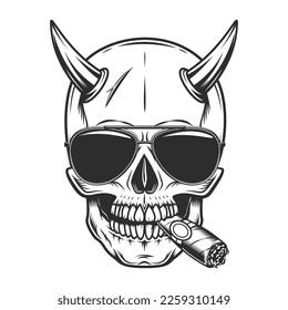 Skull with horn smoking cigar or cigarette smoke with sunglasses accessory to protect eyes from bright sun vintage isolated vector illustration
