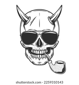 Skull with horn smoking pipe with sunglasses accessory to protect eyes from bright sun vintage isolated vector illustration