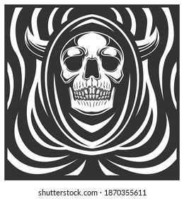 a skull with horn wearing a robe. vector illustration. black and white