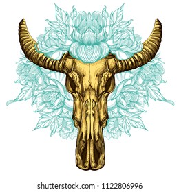 Skull of a horned animal with decorative floral ornament in the style of boho. Vector illustration isolated on white background for tattoos, posters, printing on T-shirts and other items.