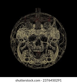 skull horned death metal illustration, ink horror art. dark art