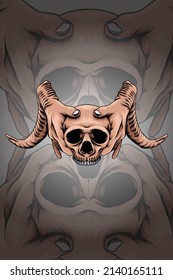 Cráneo con ilustración vectorial de manos con cuernos