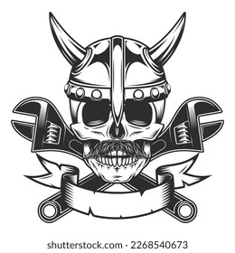 Skull in horned viking helmet with mustache with construction wrench for gas and builder plumbing pipe or body shop mechanic spanner repair tool in monochrome style vintage vector illustration