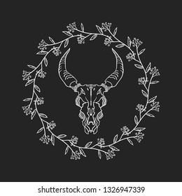 Skull with horns among flowers. Bull skull in a wreath of flowers. Vector illustration. Isolated on black background. Print for Halloween.