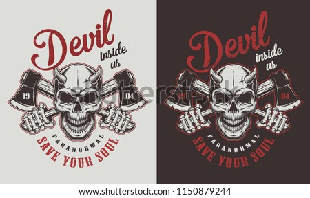 Skull with horns and ax. Vector vintage illustration