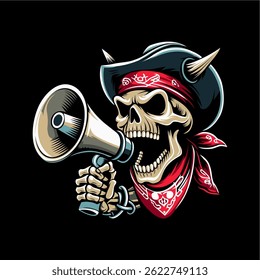 skull with horns and bandana holding a megaphone