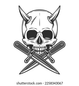 Skull with horns and crossed knife dagger in vintage monochrome style vector illustration