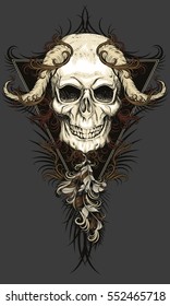 skull with horns and feathers with patterns