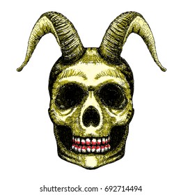Skull with horns. Human skull with goat horns. Demon Head. A demon,  supernatural, malevolent. Witchcraft, occultism, mythology and folklore, religion attribute. Horned human skull t shirt print.