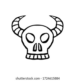 Skull with horns icon. Front view. Contour ink drawing. Hand drawn vector graphic illustration. Isolated object on a white background. Isolate.