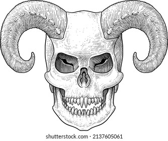 Skull with horns illustration, drawing, engraving, ink, line art, vector
