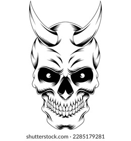 skull with horns illustration tattoo style in black and white