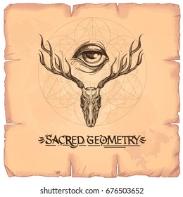 Skull with horns and a magical eye. Elements in the style of Boho. Contour illustrations for the creation of tattoos, coloring, clothing design and printed products.