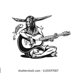 skull with horns playing music, fish, vector illustration