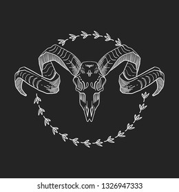 Skull with horns. Ram skull in a wreath of flowers. Vector illustration. Isolated on black background. For Halloween and more.