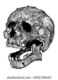 Skull with horns, in realistic style, with clear details, black and white vector drawing. For t-shirts, skull of an alien creature