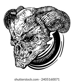 Skull with horns, in realistic style, with clear details, black and white vector drawing. For t-shirts, skull of an alien creature