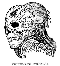 Skull with horns, in realistic style, with clear details, black and white vector drawing. For t-shirts, skull of an alien creature