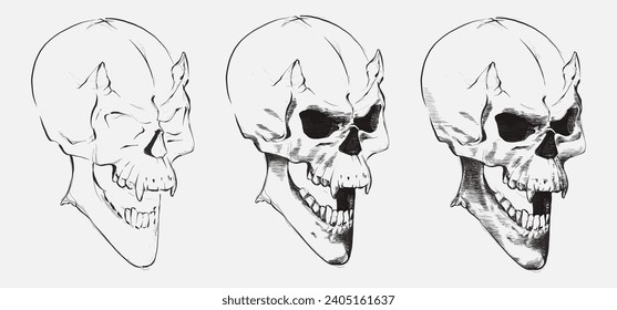 Schädel mit Hörnern, realistisch, mit klaren Details, schwarz-weißer Vektorgrafik. Für T-Shirts, Schädel einer fremden Kreatur