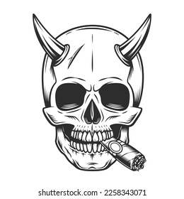 Skull with horns smoking cigar or cigarette smoke in vintage monochrome style vector illustration