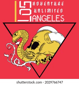 skull with horns and snake, text and triangle background