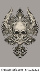 skull with horns wings feathers and patterns