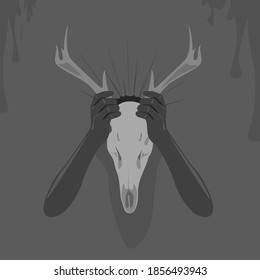 skull with horns,Deer head black and white illustration.vector illustration, sacrifice,occult,magic, sorcerer.vintage image,Bull skull. Boho style.Sacred geometric symbol.Abstract mystic sign