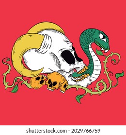 skull with hours and snake on ivy and red background