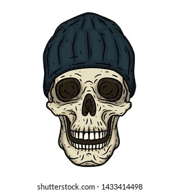 Skull. Human skull with black hat in hand drawn style. Vector illustration