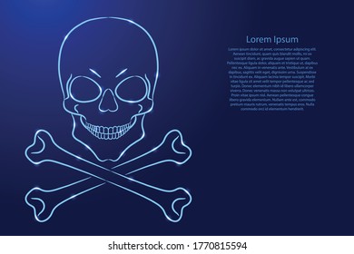Skull human with crossbones, sign of danger to life, from the contour classic blue color brush lines different thickness and glowing stars. Vector illustration.