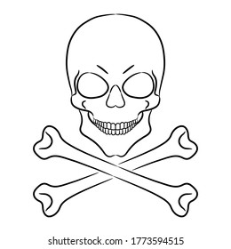 Skull human with crossbones, sign of danger to life, from the contour black brush lines different thickness on white background. Vector illustration.