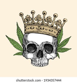 skull of human with crown and cannabis, hand drawing, vector illustration, Black and White