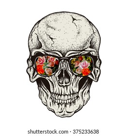 Skull of human with flowers in eyeglasses