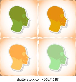 Skull human head. Flat sticker with shadow on old paper. Vector illustration