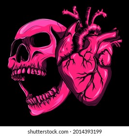 cráneo con corazón humano. Diseño de ilustración de vector