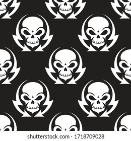 Skull Human and lightning arrows on black background - seamless vector pattern. Design element. Danger vector illustration.