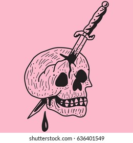 Skull human on the pink background, for printing on t-shirts circles, design element, website design, tattoo parlor, sketch, vector graphics, Dot work, art