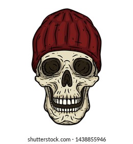 Skull. Human skull with red hat in hand drawn style. Vector illustration