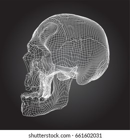 Skull Human, Scary, Locally Deformed in White Lines on the black background, Side view, geometric polygons cranium line art. Vector Illustration